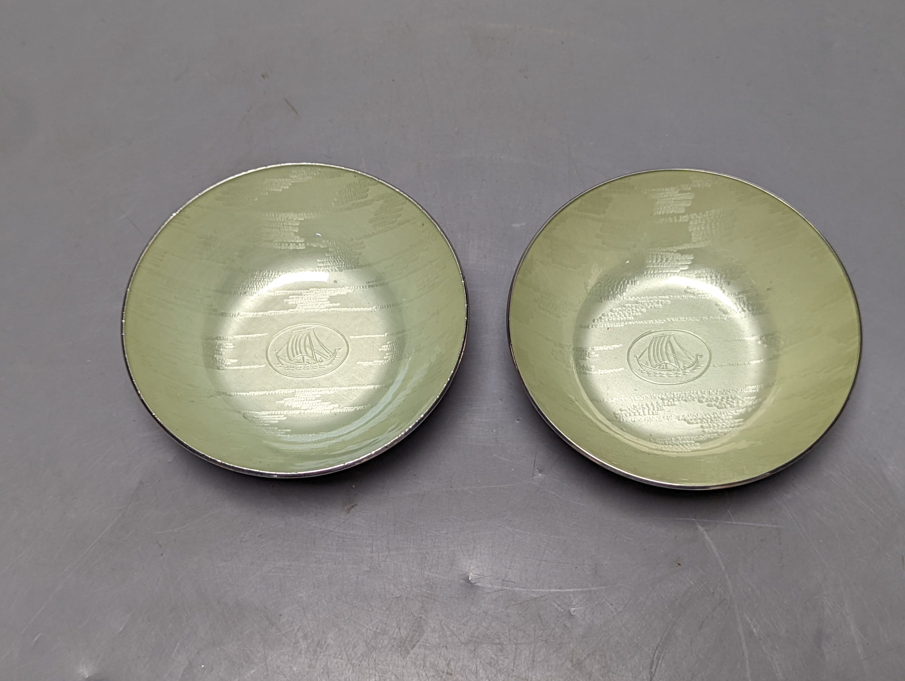 A pair of 20th century Norwegian sterling and and green enamel dishes, by J. Tostrup, diameter 96mm, gross 169 grams.